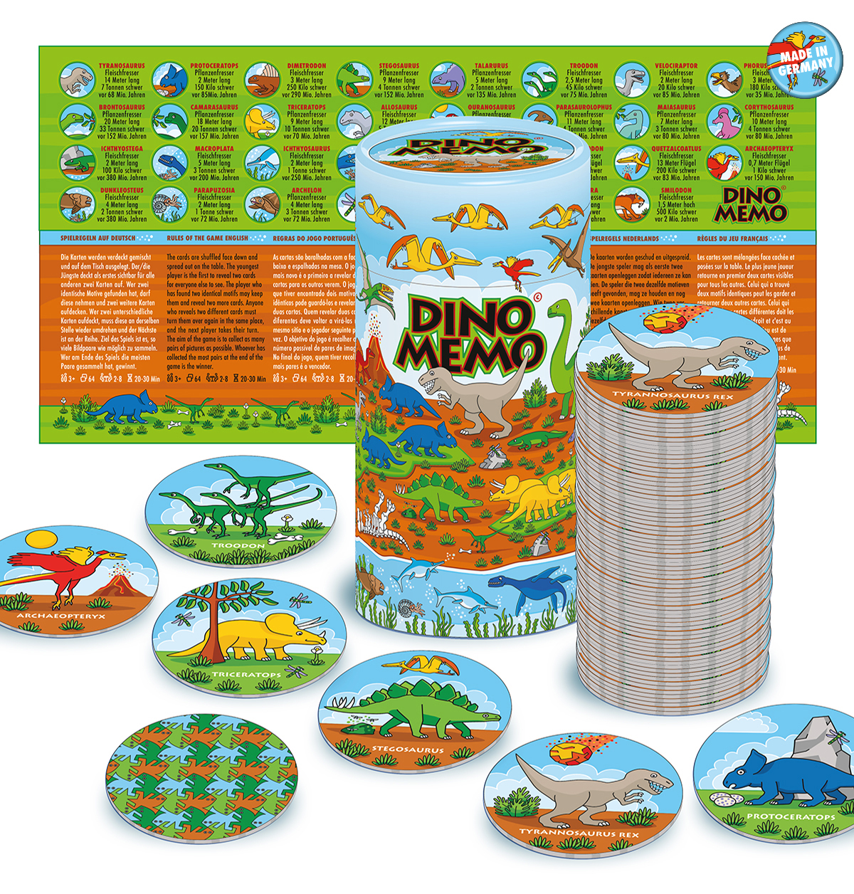 Dino Memo Spielanleitung, Verpackung, Legekarten