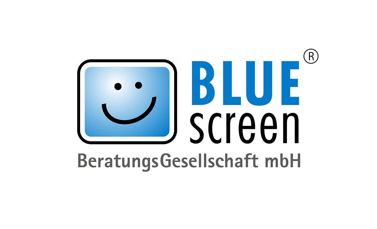 Logo Blue Screen - Ein grosses Smilygesicht auf einer großen blauen Fläche.
