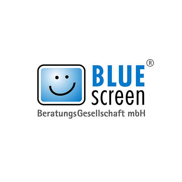 Logo Blue Screen - Ein grosses Smilygesicht in einer großen blauen Fläche auf einem Bildschirm.