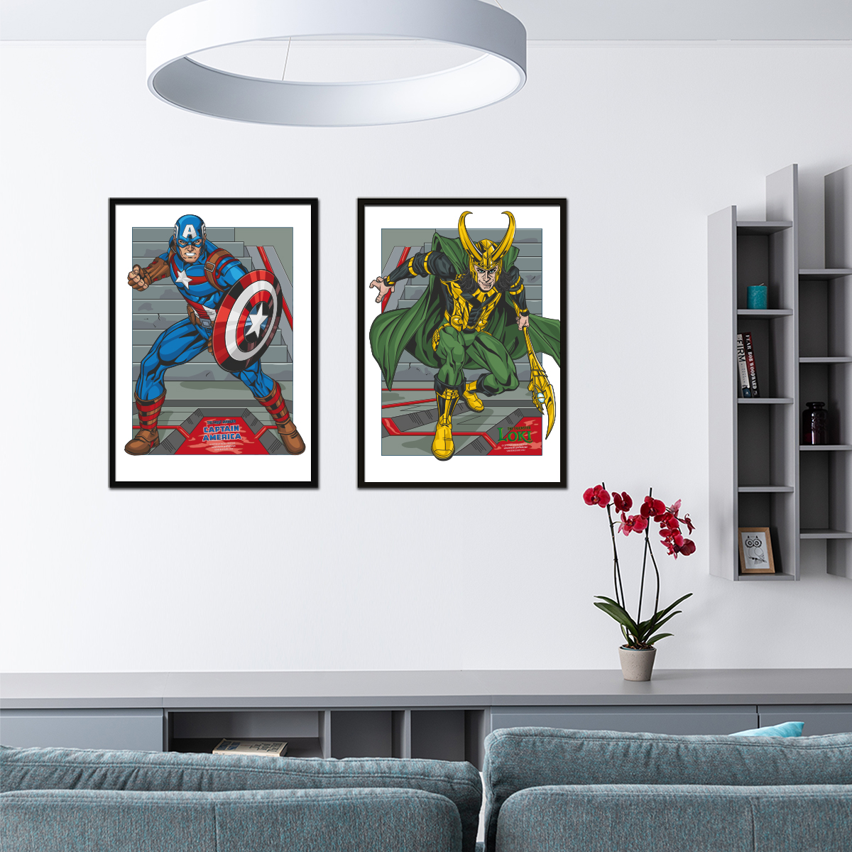 Poster Captain America vs Loki im Rahmen und Raumansicht