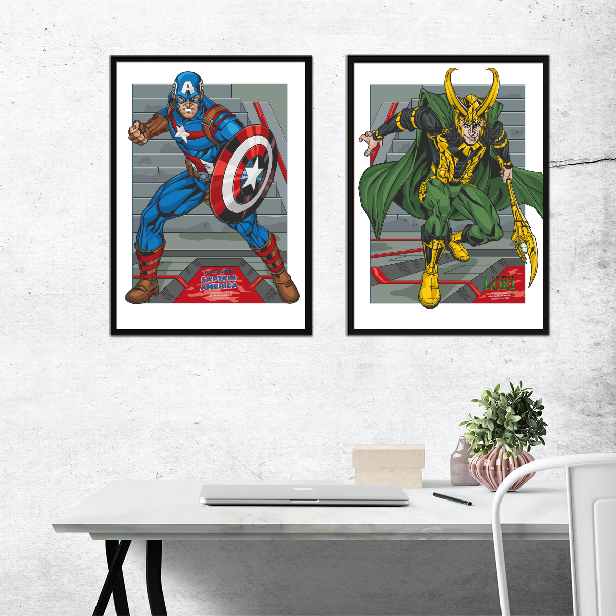 Poster Captain America vs Loki im Rahmen und Raumansicht