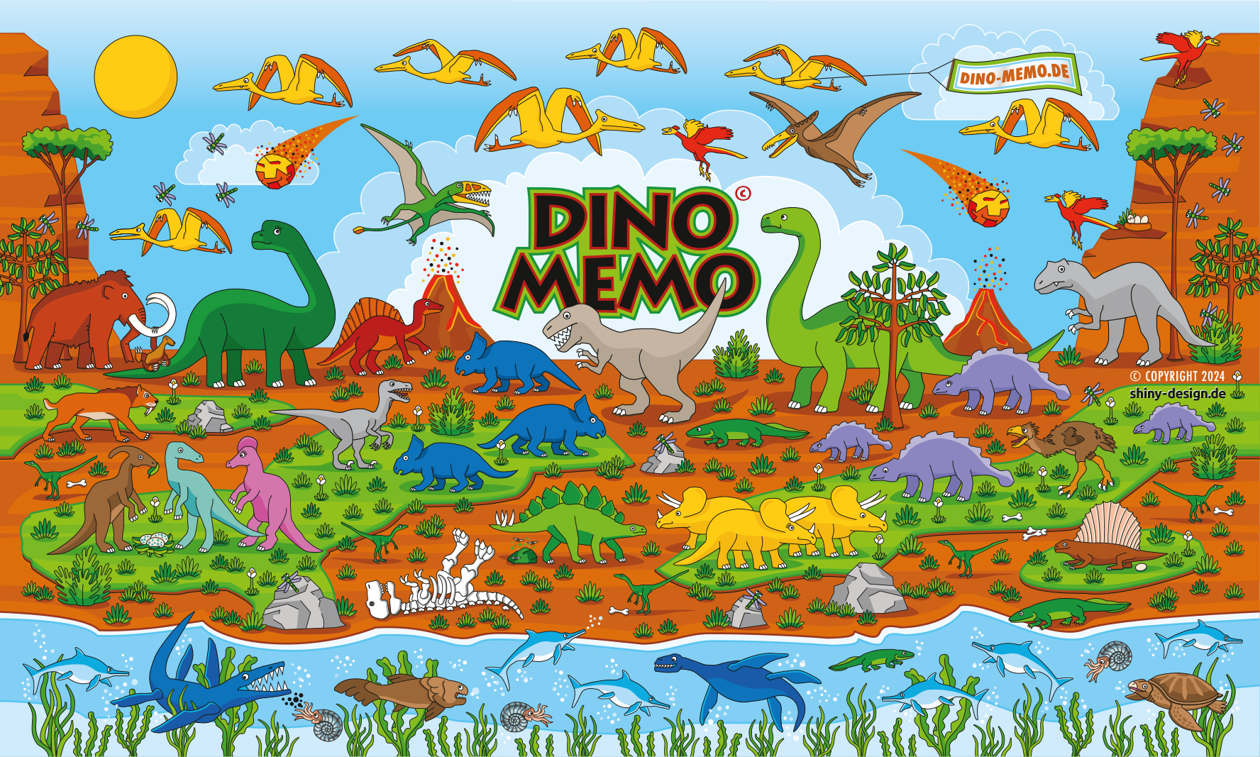 Dino Memory Landschaft mit allen Dinosauriern und Vulkanen und etwa Vegetation