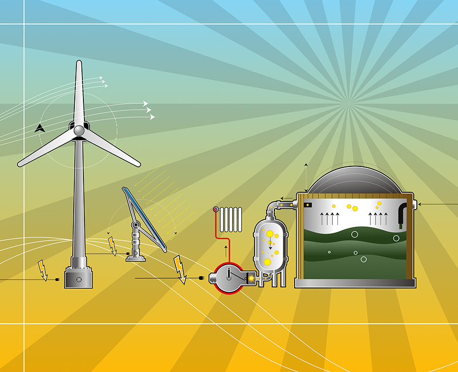 Redesign New Energy Scout - Illustration von Windrad, Sonnenkollektor und Biogasanlage