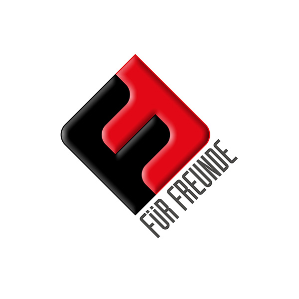 Logo „für freunde“ zwei F ineinander gestellt in schwarz und rot