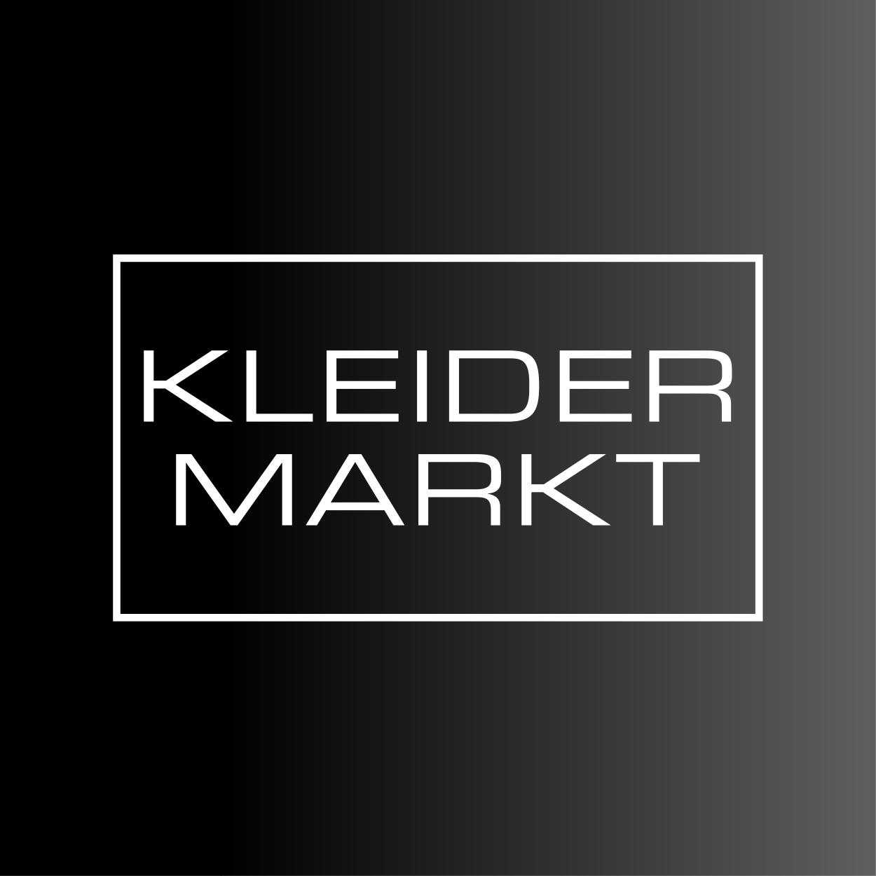 Logo Kleidermarkt - weißer Schriftzug Kleidermarkt in weissen Rhamen auf Grau.