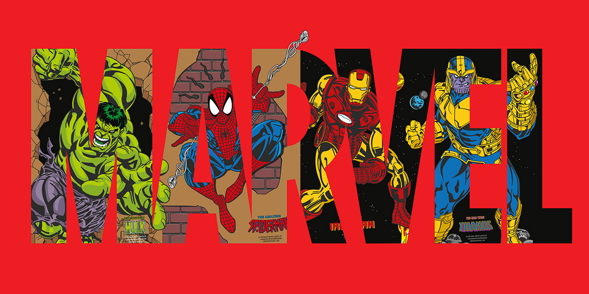 Marvel Logo mit Comicfiguren gefüllt