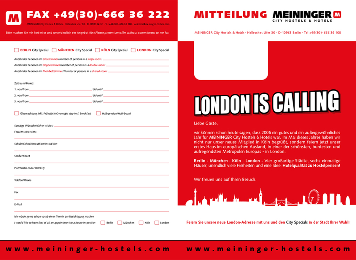 Mailinger Flyer Meininger mit Skyline London weiss auf rot.