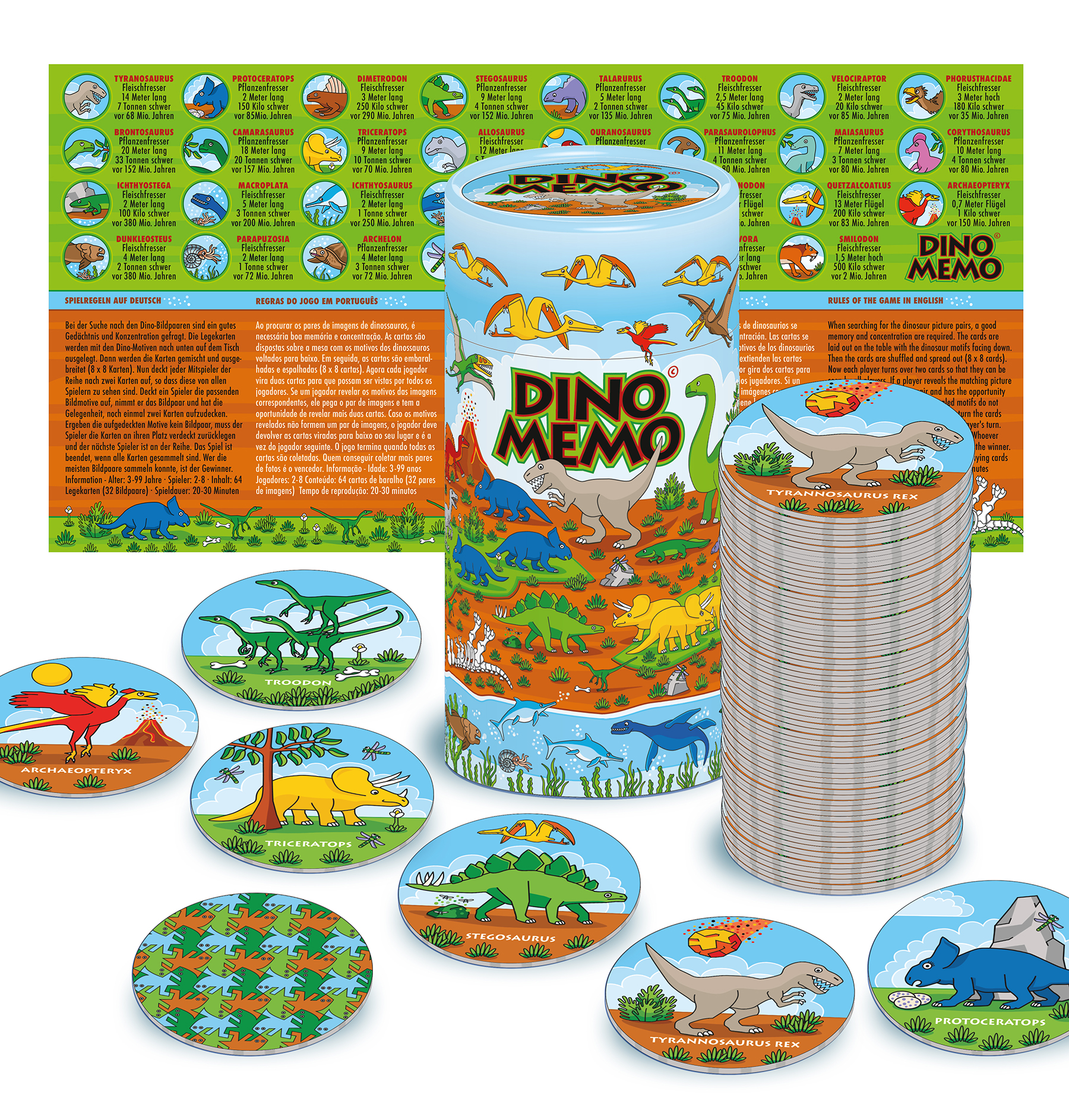 Dino Memo Spielanleitung, Verpackung, Legekarten