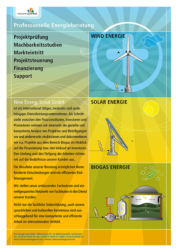 Redesign New Energy Scout - Flyer Biogas nachher mit Illustration von Windrad, Sonnenkollektor und Biogasanlage