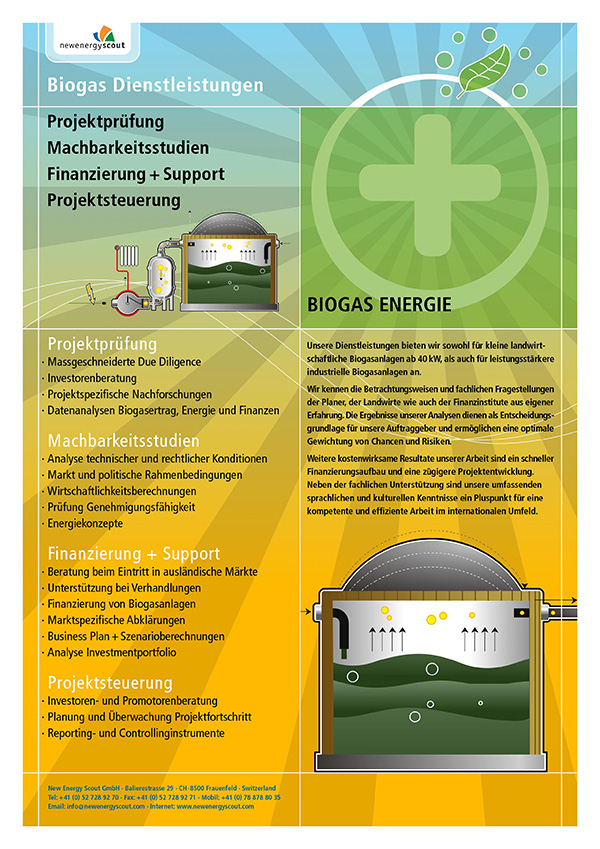 Redesign New Energy Scout - Flyer Biogas nachher mit Illustration von Biogasanlage