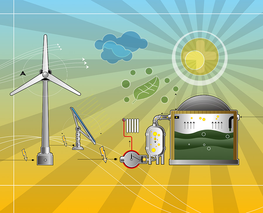 Redesign New Energy Scout - Illustration von Windrad, Sonnenkollektor und Biogasanlage