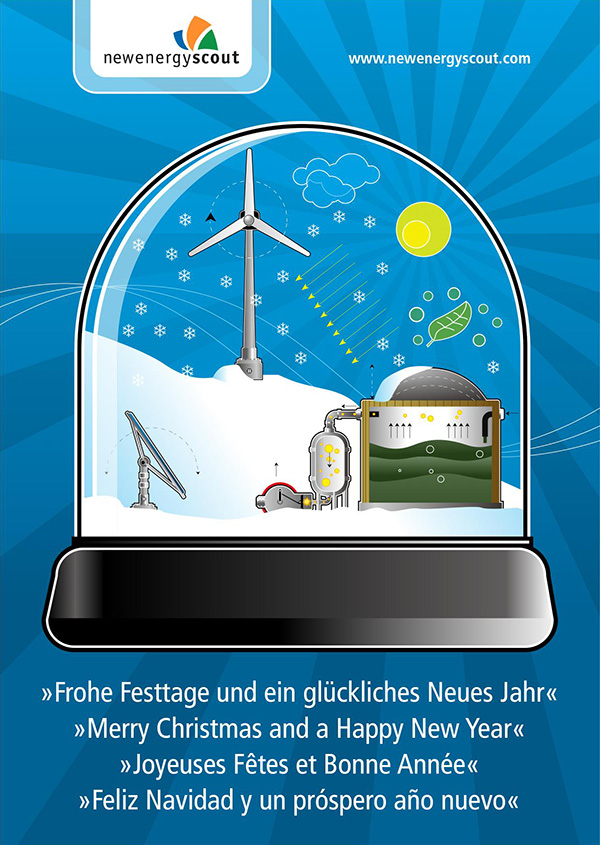Redesign New Energy Scout - Weihnachtspostkarte Vorderseite mit Illustration von Windrad, Sonnenkollektor und Biogasanlage in einer Schneekugel