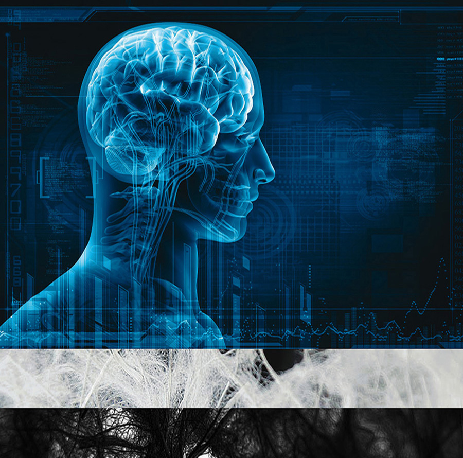 Bild einer Röntgenaufnahme in Blau von einem Kopf mit sichtbarem Gehirn.