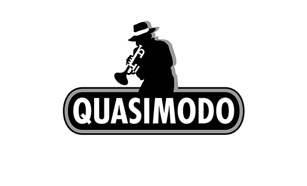 Quasimodo Schriftzug ohne Zusatz wie Berlin mit Trompetenspieler Zeichnung Logo