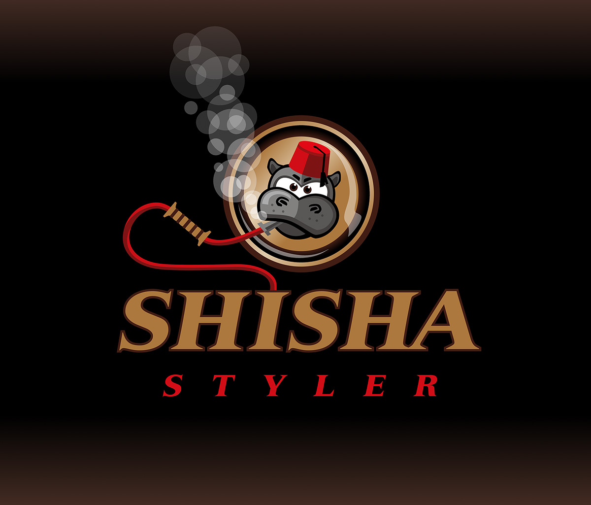 Logo shisha styler - In einem Kreis stehender Nilpferdkopf mit Fez raucht Shisha.