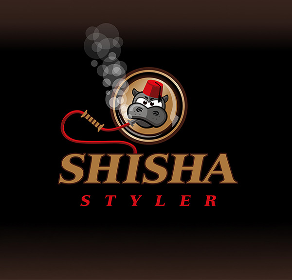 Logo shisha styler - In einem Kreis stehender Nilpferdkopf mit Fez raucht Shisha.